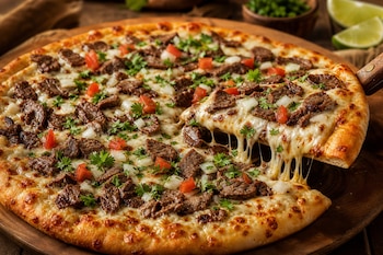 Pizza sobre tabla de madera con trozos de carne asada, queso, tomate y cilantro, con una porción sostenida por una espátula de madera.