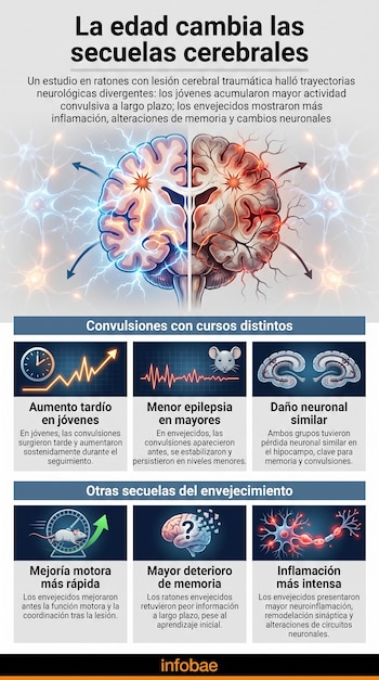 Infografía con una ilustración de un cerebro dividido en dos sectores y seis recuadros con texto e iconos sobre ratones, neuronas y memoria.