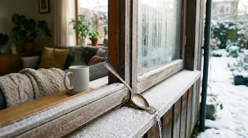 Primer plano de una ventana de madera con condensación y nieve helada en el marco. Una cuchara de metal desvía el agua que gotea. Se ve un exterior nevado y una taza dentro.