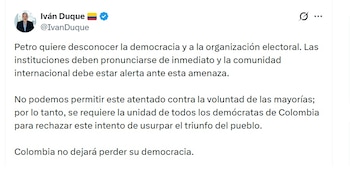 Iván Duque, expresidente de Colombia, dice que Gustavo Petro quiere desconocer la democracia - crédito @IvanDuque/X