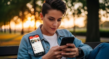 Persona con chaqueta vaquera sentada en un banco, mirando su teléfono que muestra la app Grindr. Fondo de parque borroso con luz dorada del atardecer.