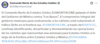 Tweet del Comando Norte de los Estados Unidos sobre el decomiso contra Los Rusos. Crédito: X - @USNorthernCmd