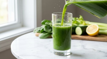 Jugo verde de espinaca, pepino, apio y limón siendo vertido de una jarra a un vaso alto transparente, con gotas salpicando sobre una mesa de mármol.