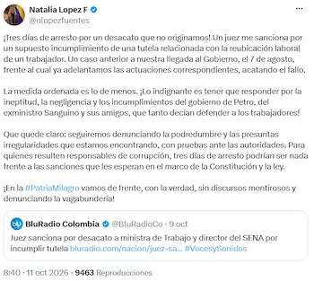 Natalia López afirmó que no originó el desacato que derivó en su sanción judicial - crédito @nlopezfuentes/X