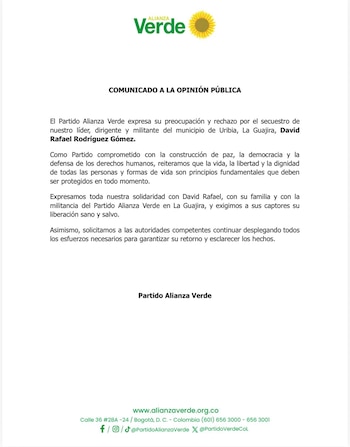 El Partido Alianza Verde solicitó a las autoridades continuar desplegando los esfuerzos para hallar y rescatar a David Rodríguez - crédito @PartidoVerdeCoL/X
