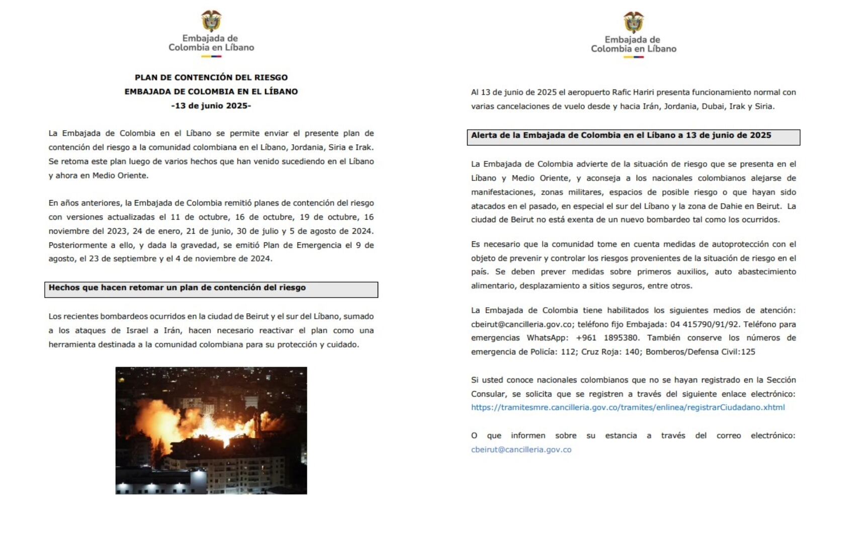 Comunicado de la embajada de Colombia en Beirut, Líbano, solicitando a los colombianos atendes los llamados de emergencia en ese país ante cualquier ataque - crédito www.beirut.consulado.gov.co