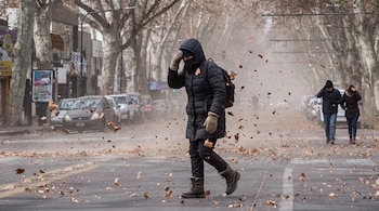 Una persona vestida con abrigo negro y capucha cruza una calle entre hojas secas flotando por el viento y árboles al fondo.