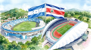 Dos estadios de fútbol, uno con asientos azules y otro con pista de atletismo, junto a las banderas de Honduras y Costa Rica. Fondo con árboles y cielo.