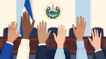 Seis manos levantadas, con piel de distintos tonos. Al fondo, la bandera y el escudo de El Salvador, junto a mobiliario de una sala de reuniones.