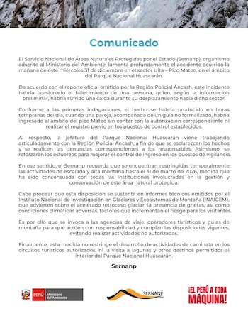 Un fallecido tras accidente en el nevado Mateo pese a restricción de ingreso al Parque Nacional Huascarán. (Foto: Senarp)