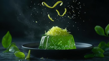Postre en gelatina con aroma a cedrón, decorado con limón y hierbas frescas, presentación natural y elegante. – (Imagen Ilustrativa Infobae)