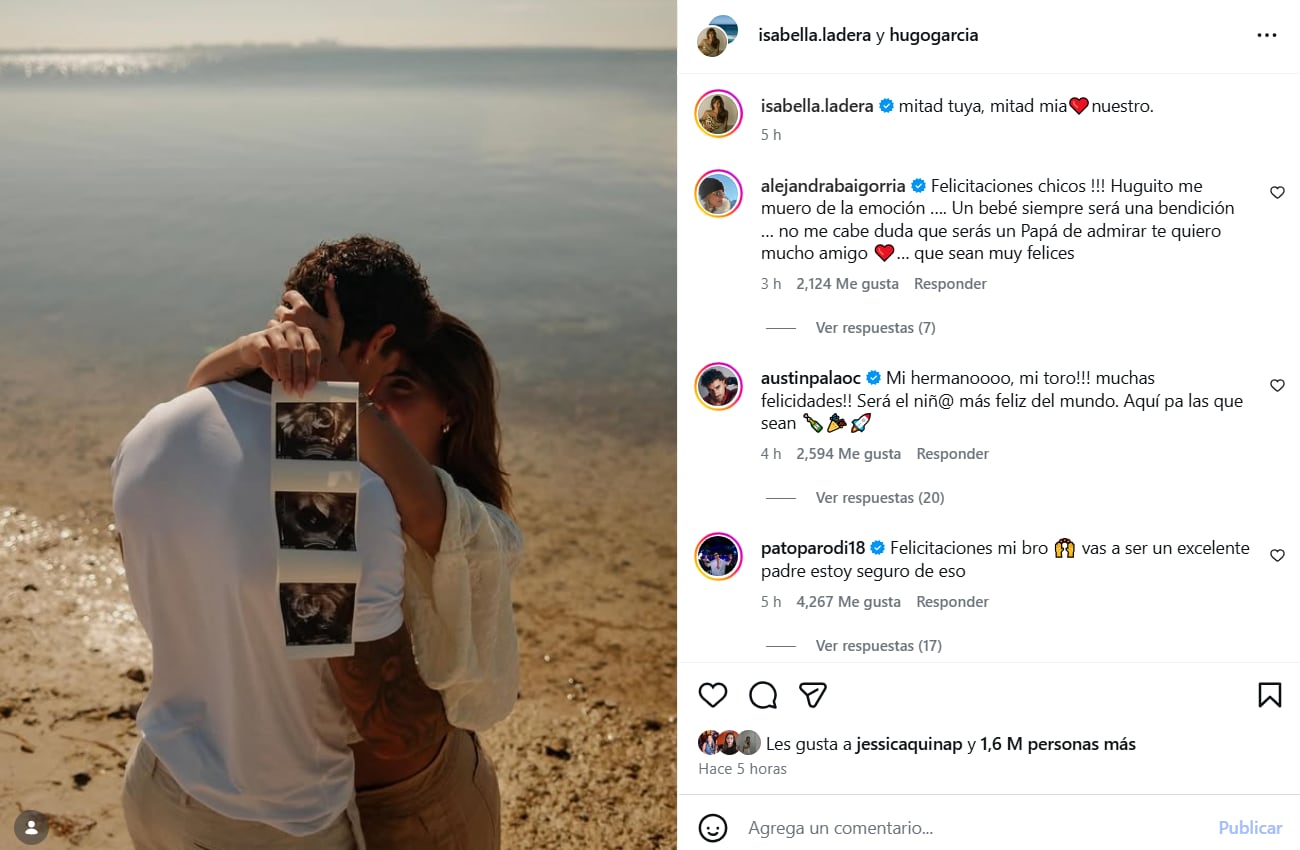 La pareja Isabella Ladera y Hugo García compartió la feliz noticia de su embarazo mostrando las ecografías del futuro bebé mientras se abrazan en una hermosa playa.