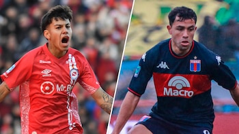 Imagen dividida con un jugador luciendo la camiseta de Argentinos Juniors y otro vistiendo la indumentaria de Tigre