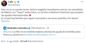 Lalis pide al Gobierno aceptar ayuda internacional y destaca disposición de los Topos mexicanos - crédito @smilelalis/X