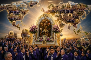 Cargadores con hábitos morados llevan el anda del Señor de los Milagros sobre la imagen de un mapa del mundo con fotos de procesiones.