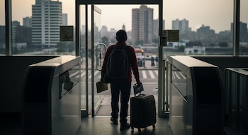 Un hombre de espaldas con mochila y maleta, parado en la puerta de un aeropuerto, mira hacia edificios y una vista urbana.