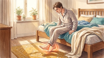 Ilustración de un hombre adulto en pijama sentado al borde de una cama de madera, con el pie derecho apoyado en una alfombra mostaza y el talón con un brillo naranja.