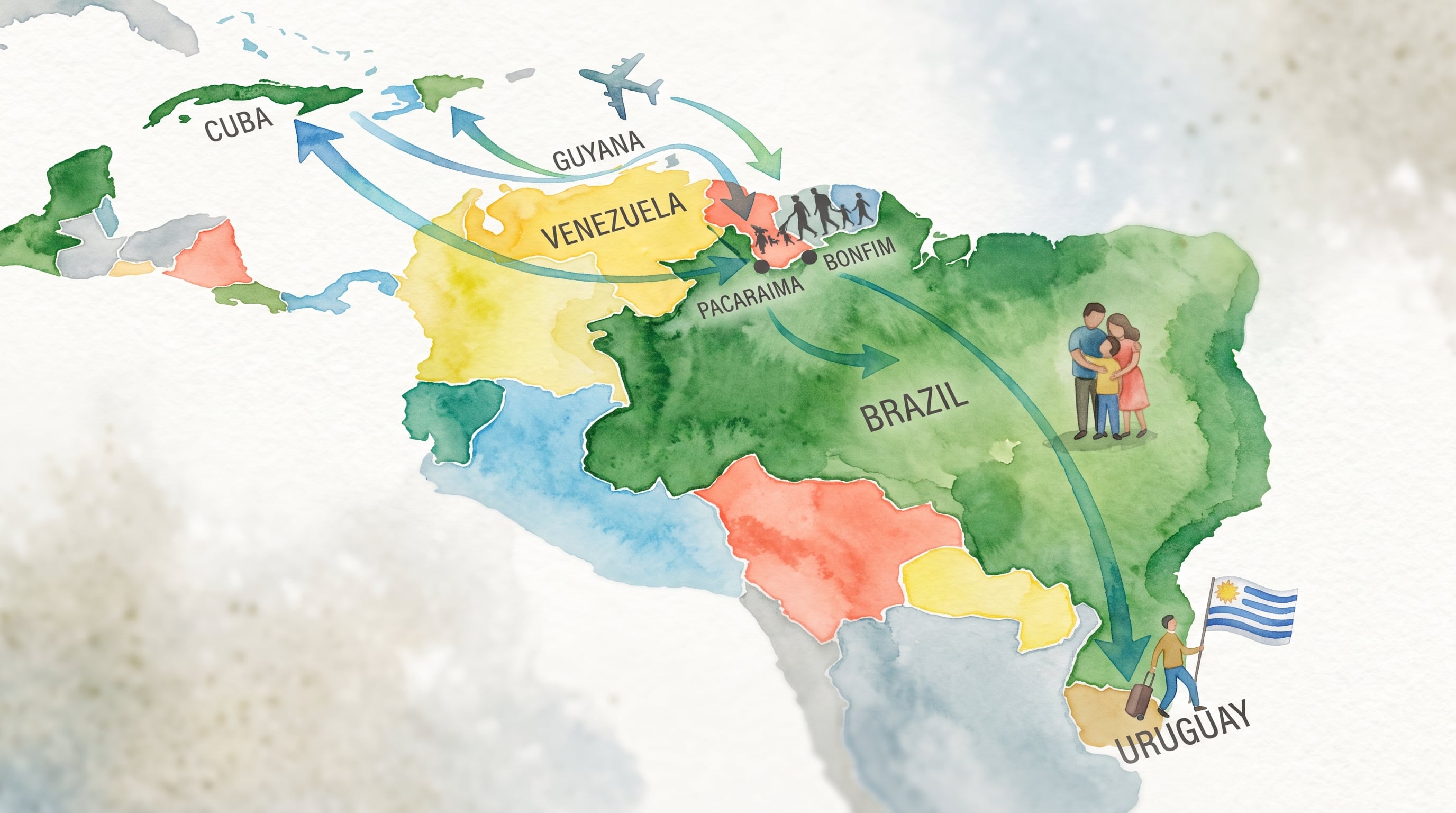 Un mapa ilustrado traza los trayectos migratorios desde Cuba, Venezuela y Guyana hacia Brasil y Uruguay. (Imagen Ilustrativa Infobae)