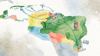 Mapa ilustrado de América con flechas que conectan Cuba, Venezuela, Guyana, Brasil y Uruguay junto a siluetas humanas y un avión.