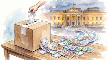 Ilustración en acuarela de una mano insertando una boleta en una urna. Billetes de pesos colombianos cubren una mesa y fluyen hacia un edificio oficial con la bandera de Colombia.