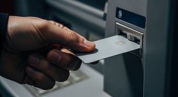 Una mano humana introduce una tarjeta bancaria de color liso sin logotipos en la ranura de un cajero automático metálico.