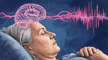 Ilustración de una mujer mayor recostada en una almohada con los ojos cerrados, un cerebro rosa brillante y ondas de señal sobre su cabeza.