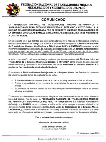 FNTMMSP respalda pedidos en defensa