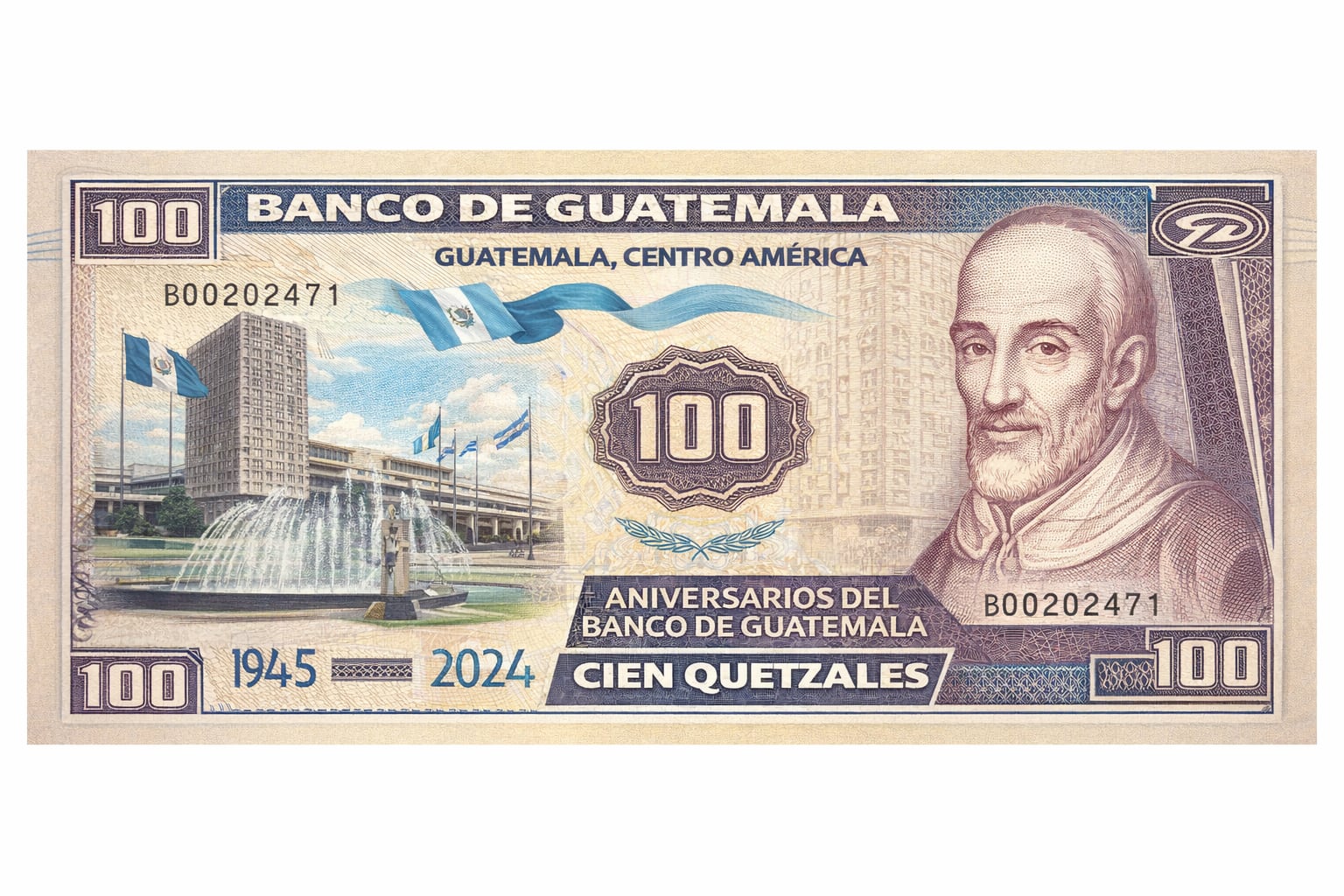El Banco de Guatemala lanza un billete conmemorativo de cien quetzales que celebra sus aniversarios entre 1945 y 2024, destacando su sede y una figura histórica. (Imagen Ilustrativa Infobae)