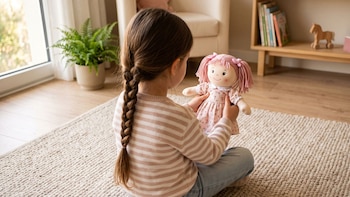 Una niña de espaldas con una trenza sujeta una muñeca de tela de cabello rosa. Se sienta sobre una alfombra en una habitación con ventana, planta y estante de libros