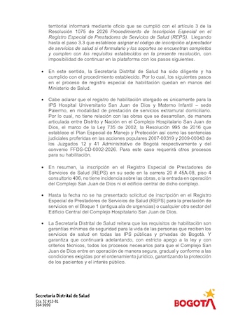 En el comunicado, la Secretaría de Salud explicó que estos servicios que sería habilitados no tienen que ver con la apertura de servicios en el Complejo central del Hospital San Juan de Dios - crédito Alcaldía de Bogotá
