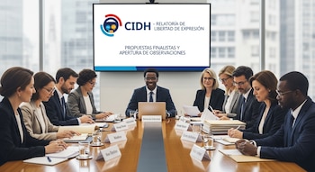 Grupo de once personas en una mesa de reuniones; pantalla muestra logo de CIDH y texto Relatoría de Libertad de Expresión; hay papeles, laptops y vasos.