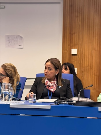 Delegados sentados en filas de asientos azules frente a micrófonos y computadoras portátiles dentro de un salón de conferencias