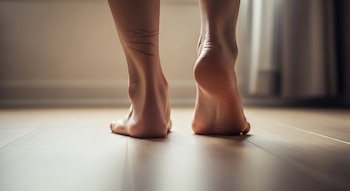 Dos pies descalzos vistos desde atrás sobre un suelo de madera claro. El pie derecho está parcialmente levantado. Se observa una pared blanca al fondo.