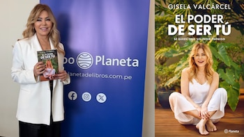 Gisela Valcárcel de pie sostiene un libro frente a un banner azul de Planeta con su logo y redes sociales