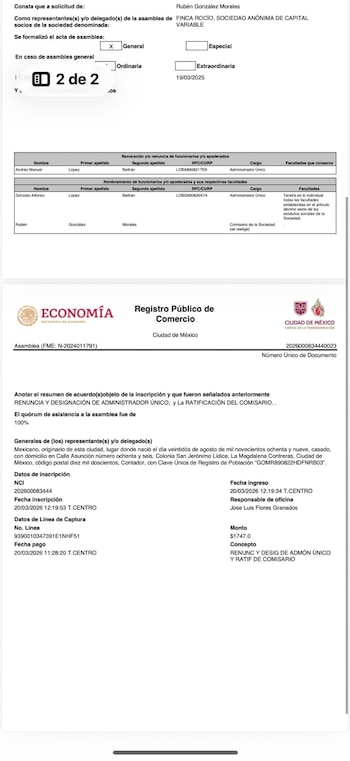 Acta de asamblea inscrita en el Registro Público de Comercio de la Ciudad de México, donde consta la renuncia de Andy López Beltrán como administrador único de Finca Rocío y el nombramiento de su hermano Gonzalo en su lugar. (Tomadas de X/Jorge García Orozco)
