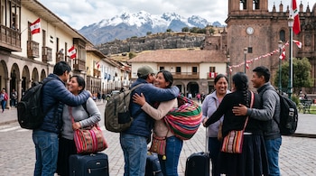 Grupo de personas con maletas y mochilas se abraza en plaza de piedra con banderas de Perú. Al fondo, arquitectura colonial, ruinas incas y montañas nevadas.