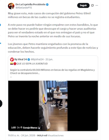 Desde la cuenta @De La Espriella Presidente, que no es la cuenta oficial del presidente electo, se hizo una crítica al Gobierno de Gustavo Petro por irregularidades identificadas por la Contraloría - crédito @AbelardoPTE/X