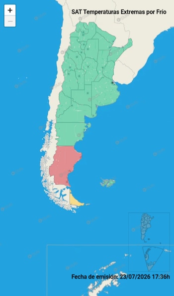 Mapa de Argentina con áreas coloreadas en verde, rojo y amarillo que indican zonas de temperaturas extremas por frío. Incluye fecha de emisión