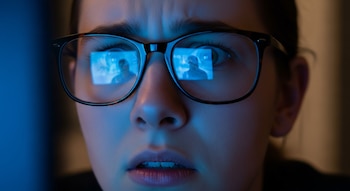 Primer plano del rostro de una persona con gafas. En los cristales se reflejan dos figuras borrosas de una pantalla. Ceño fruncido y boca entreabierta.