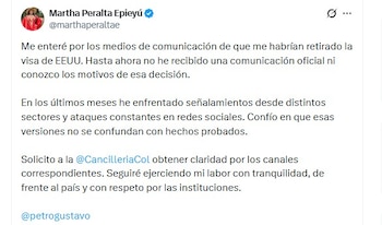Martha Peralta pidió una explicación formal sobre la decisión del Gobierno estadounidense - crédito @marthaperaltae/X