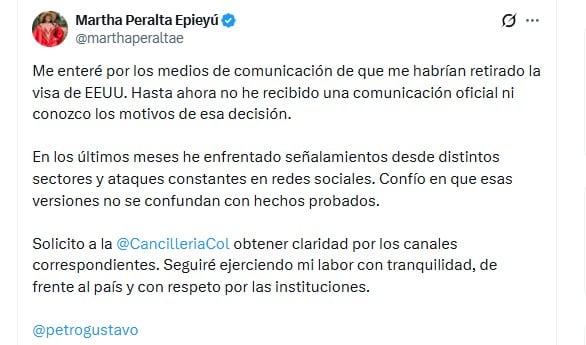 Martha Peralta pidió una explicación formal sobre la decisión del Gobierno estadounidense - crédito @marthaperaltae/X