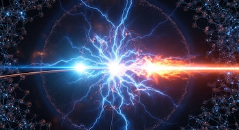 Ilustración de un láser azul impactando un alambre de cobre, creando una explosión de plasma rojo y azul con destellos eléctricos y estructuras atómicas.