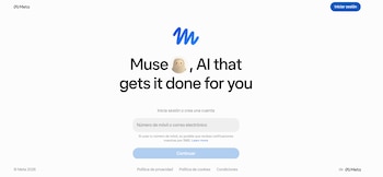 Sitio web con el título Muse, un campo para correo o teléfono, un botón de continuar y el logotipo de Meta