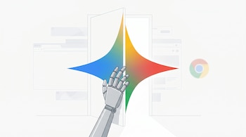 Mano robótica gris abre una puerta blanca. El logo vibrante de Gemini emerge, mientras ventanas de navegador y un logo borroso de Chrome se desvanecen al fondo.
