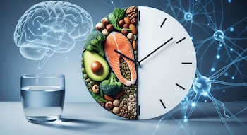 Reloj de pared con alimentos saludables (salmón, aguacate, brócoli) en una mitad y la otra vacía. Vaso de agua. Fondo con cerebro transparente y neuronas.
