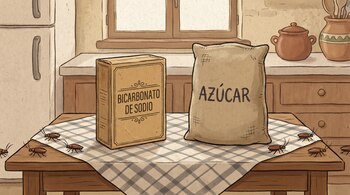 Ilustración de una caja de bicarbonato de sodio y una bolsa de azúcar sobre una mesa de cocina, con varias cucarachas alejándose de ellas.