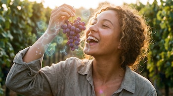 Mujer joven de cabello rizado sonríe mientras come un racimo de uvas moradas en un viñedo al atardecer, con iconos digitales de moléculas y escudos.