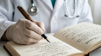 Primer plano de una mano enguantada escribiendo con una pluma estilográfica sobre un cuaderno abierto con poemas manuscritos; se ve una bata blanca al fondo.