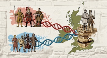 Collage digital histórico-científico con figuras humanas de diversas épocas disolviéndose en cadenas de ADN que convergen en una isla británica.