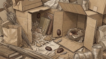 Cajas de cartón apiladas, papeles, latas, libros, un paraguas, un nido, ootecas de cucarachas y pececillos de plata sobre el suelo.